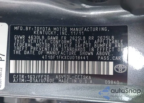 2012 Toyota Camry Se from USA, damaged, VIN 4T1BF1FKXCU018441